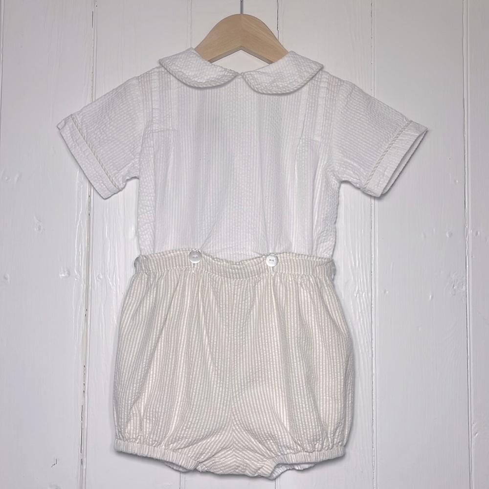 ANCY KIDS VGUC Boys Classic Neutral Seersucker Peter Pan Collar Buster Suit